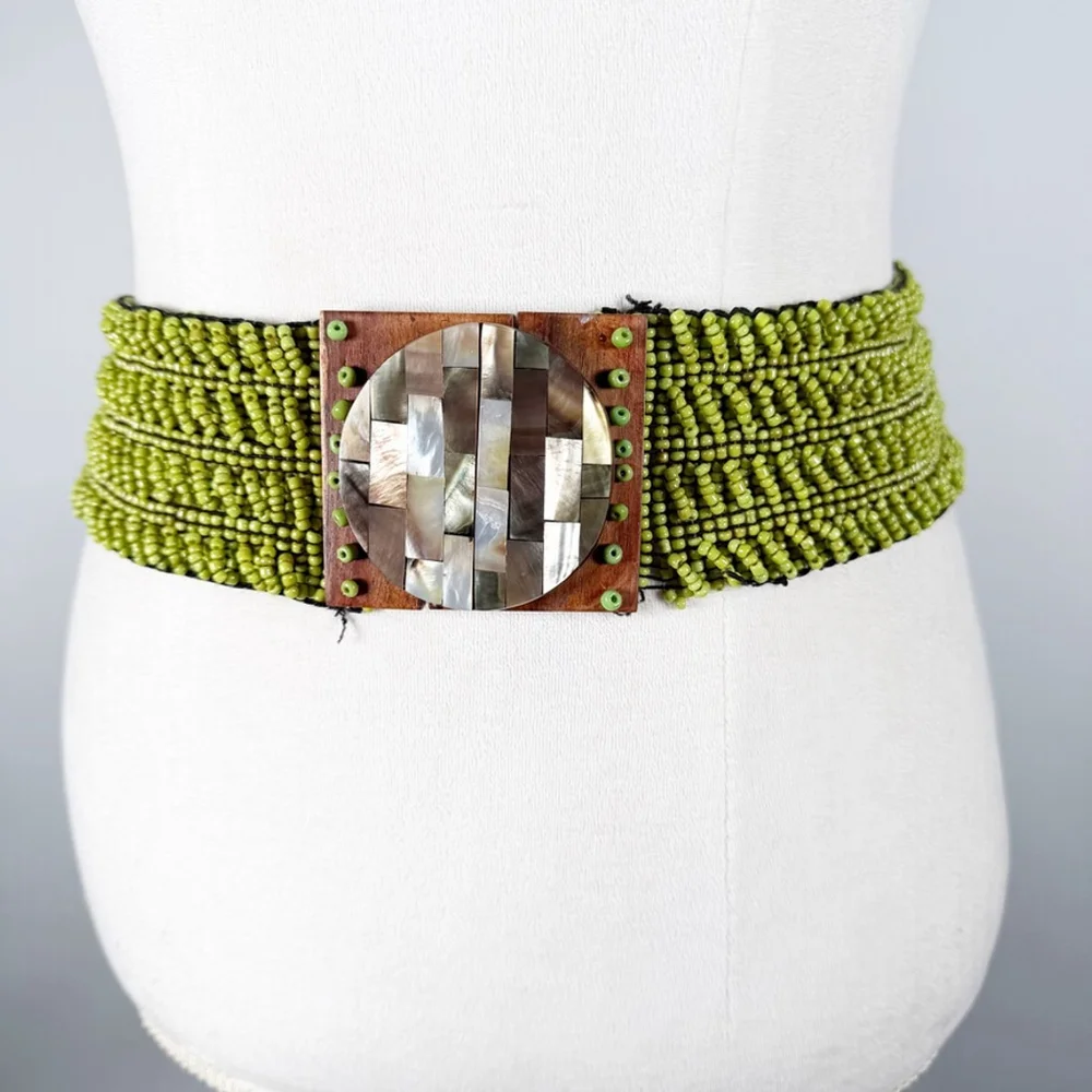 Statement Beaded Lime Green Wide Belt Wood & Mosaic Inlay Buckle Boho Size OS - Picture 8 of 9